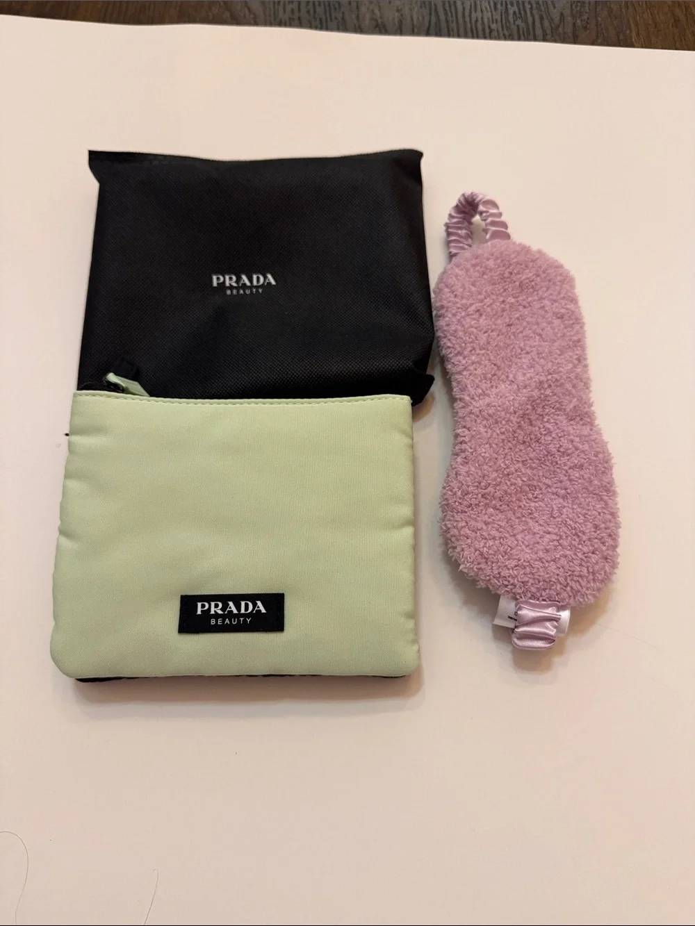 Prada Beauty Black & Light Green Pouches with Pink Plush Sleep Mask